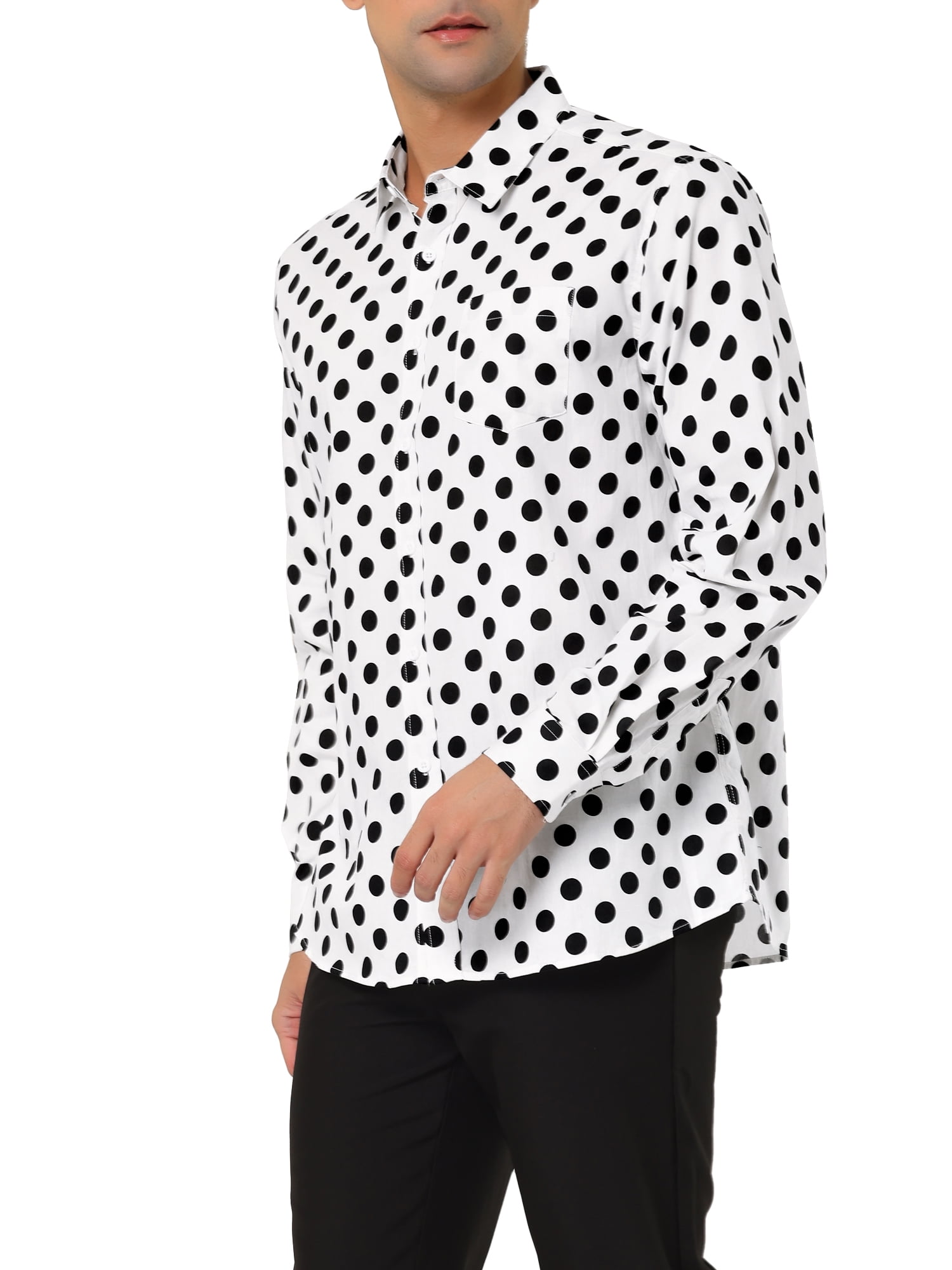 Unique Bargains Men's Long Sleeve Button Slim Polka Dots Shirt 34 White and Black