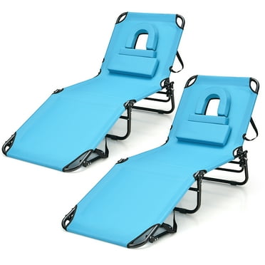 Gymax 2PCS Beach Chaise Lounge Chair w/ Face Hole Pillows & Adjustable Backrest