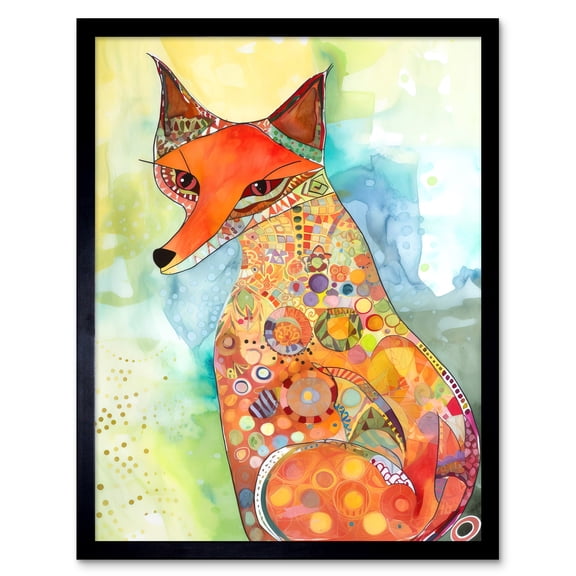 Sitting Fox Folk Art Watercolour Painting Art Print Framed Poster Wall Decor 12x16 inch