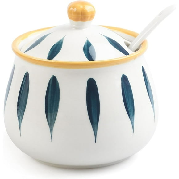 Porcelain sugar bowl with lid and spoon, ceramic sugar container for kitchen and home, farmhouse sugar jars for coffee bar