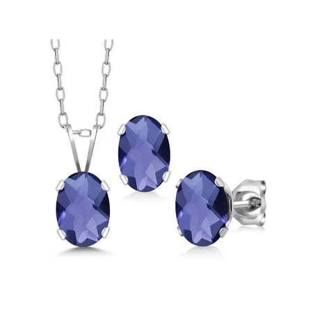 Iolite Set - 1.95 Ct Oval Checkerboard Blue Iolite 925 Silver Pendant Earrings Set With Chain