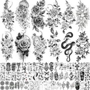 COKTAK 64 Sheets Long Lasting Flower Temporary Tattoos For Women Arm Neck, Jellyfish Sunflower Moon Rose Fake Tattoos For Adults Girl, 3D Temp Realistic Snake Tatoo Stickers Serpent Peony Floral Kids