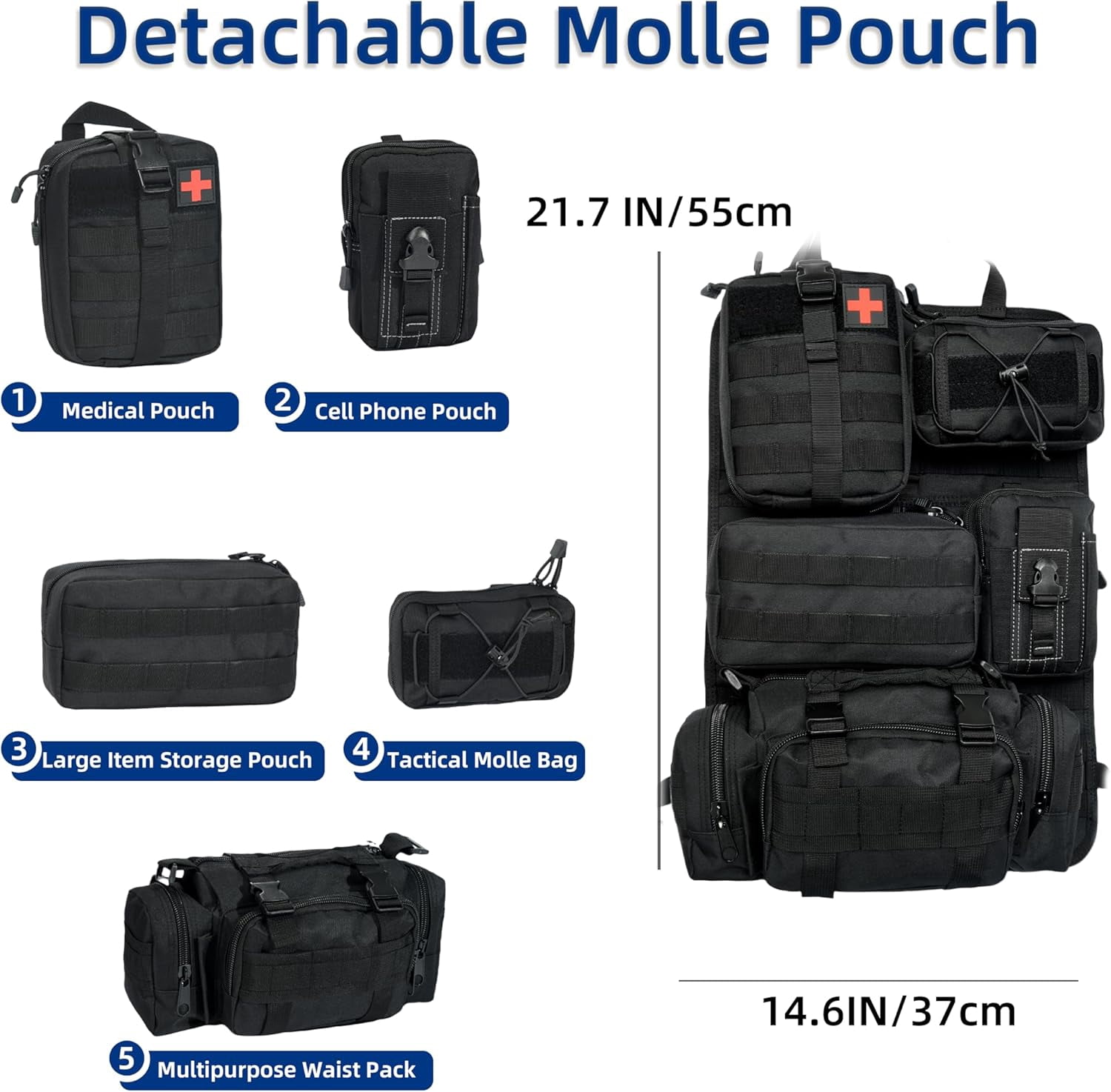 Tactical Car Seat Back Organizer,Back Seat Organizer with 5 Detachable Molle Pouches,Molle Panel Organizer Fits for Vehicel Such as Jeep,Truck,SUV, Car