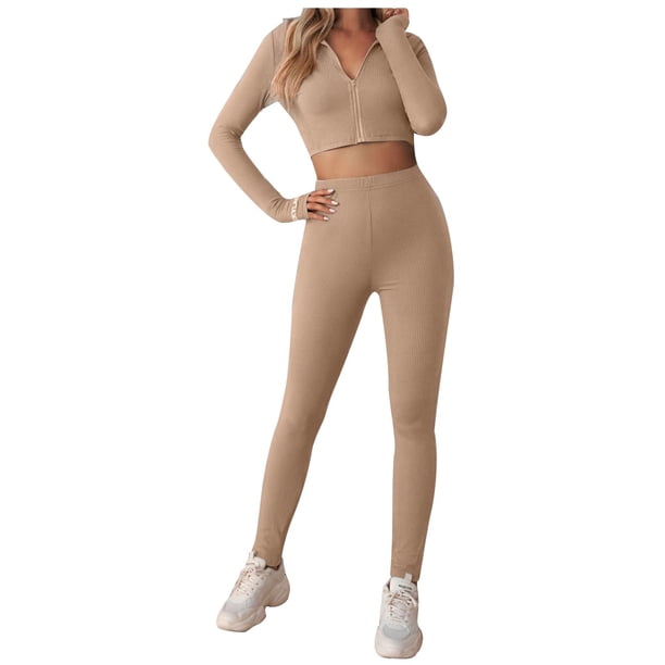 Trajes de 2 piezas para mujer Tops de yoga de manga larga con cremallera sólida + Pantalones largos Conjuntos con cuello en V Pantalones de yoga Wmkox8yi bvn3134