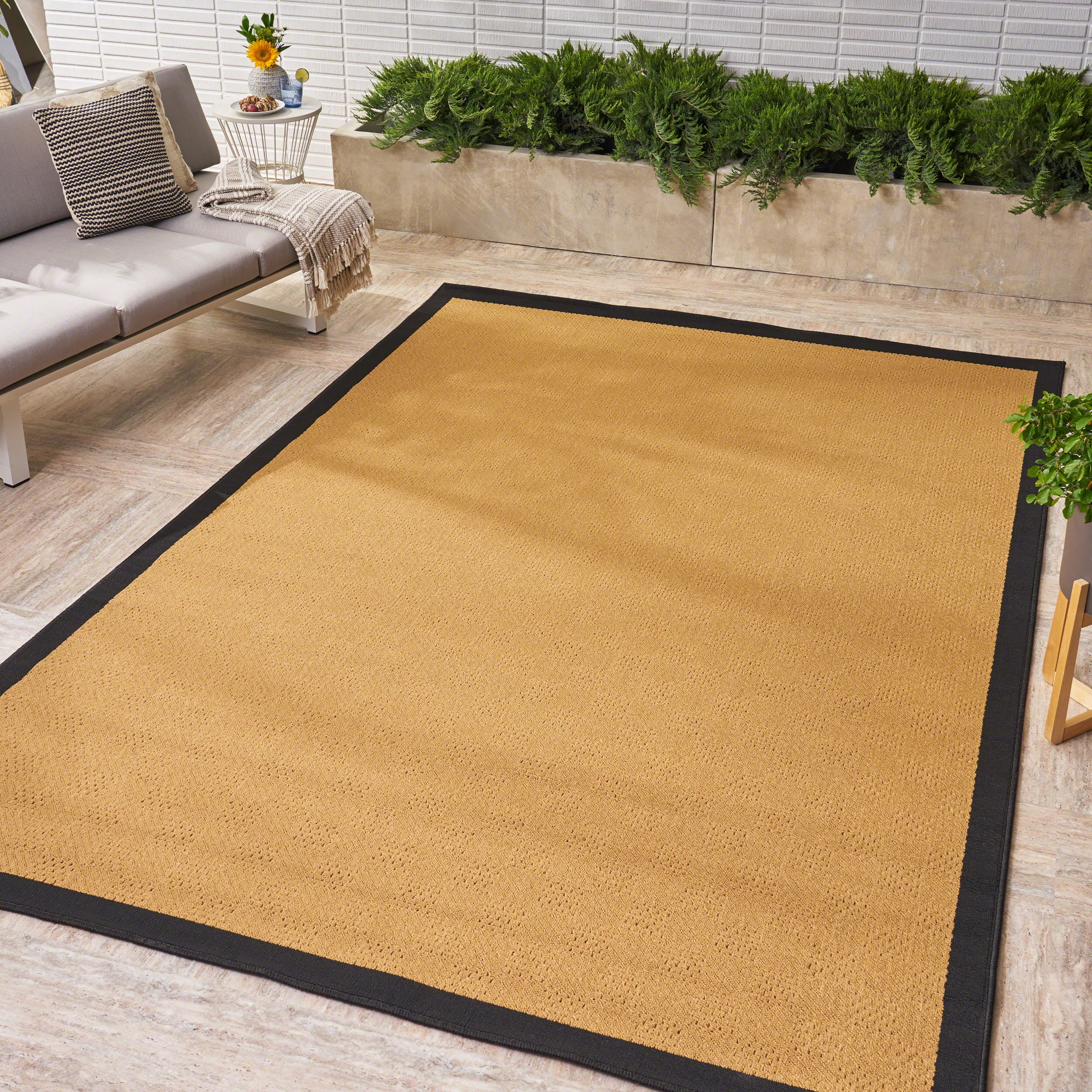 Indoor/ Outdoor Border 8 x 11 Area Rug, Black,Beige