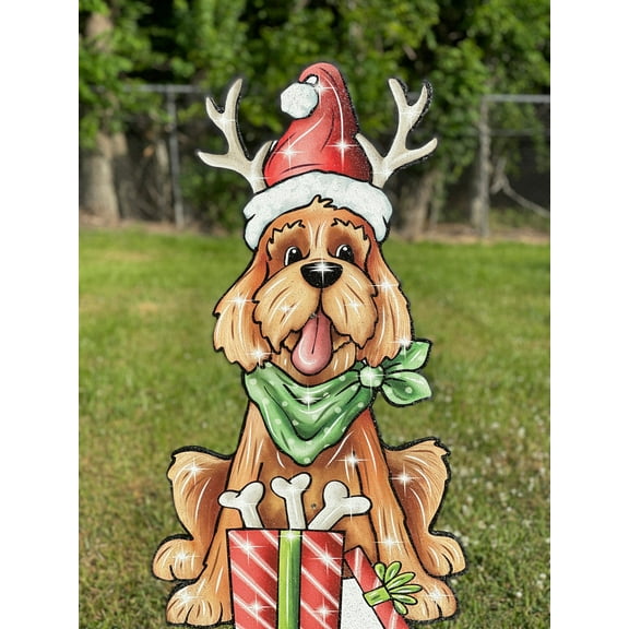 Dog with Stocking and Christmas Present Outdoor Decoration