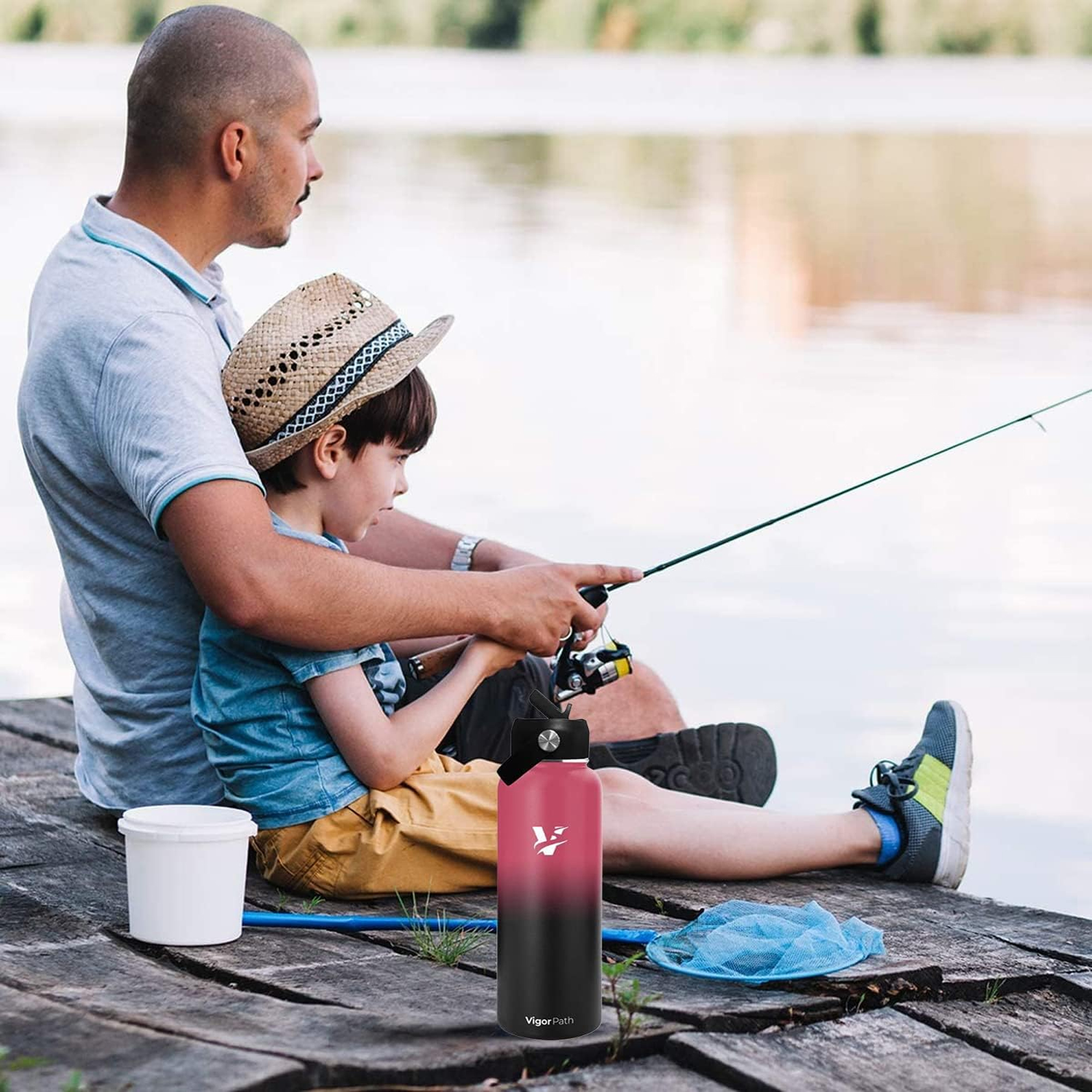VIGOR PATH Insulated Water Bottle, 40 oz, Gradient Red, Metal, with Spout Lid, Straw Lid & Brush