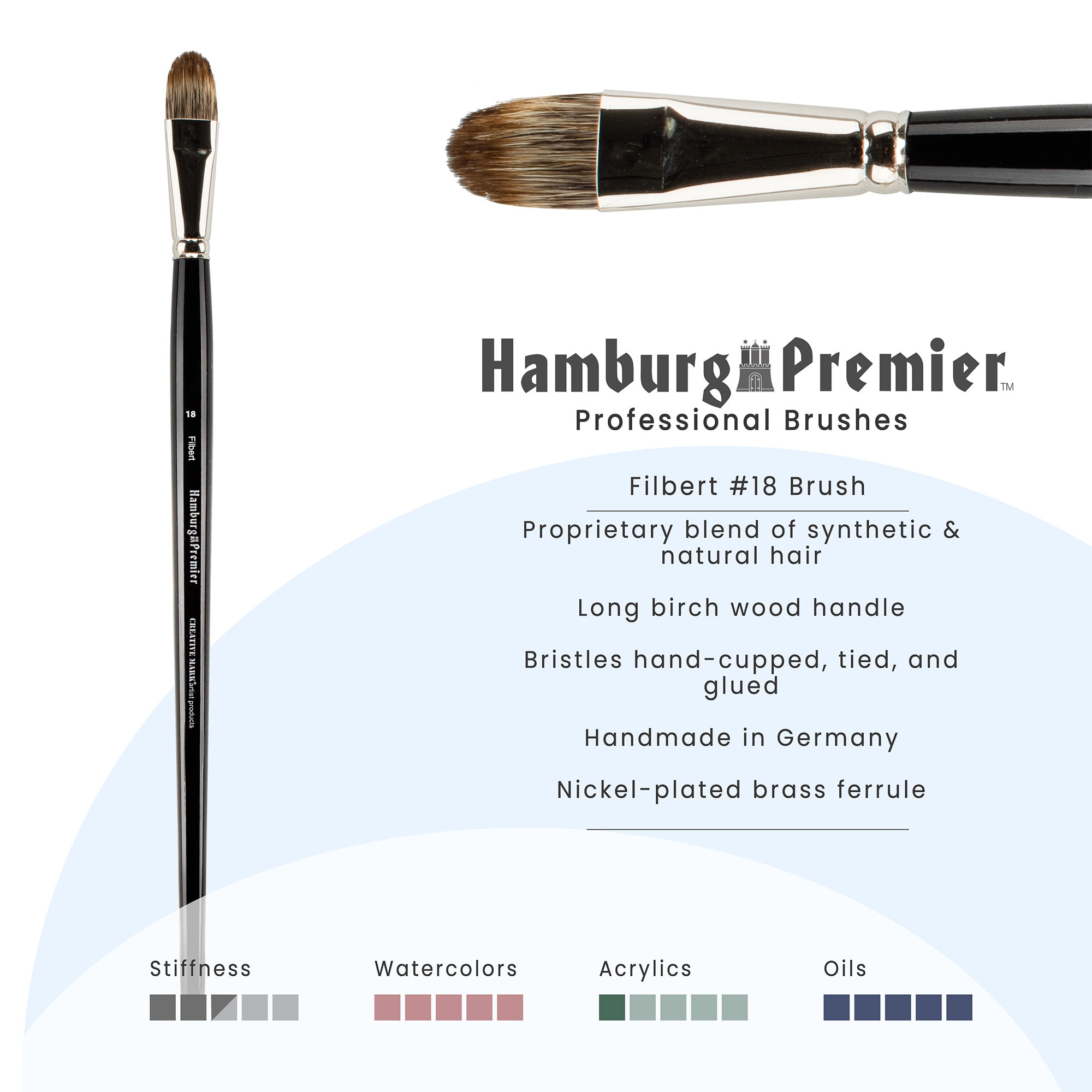 Creative Mark Hamburg Premiere Professional Oil Painting Brushes - Filbert #18 Oil Paint Brush - Handmade in Germany, Natural & Synthetic Hair Blend, Long Triple-Lacquered Birch Handle