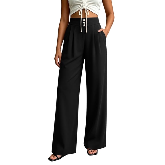 Htigea Womens Wide Leg Dress Pants High Waisted Button Pleated Business Trousers Solid Color Office Work Pant with Pockets Black S
