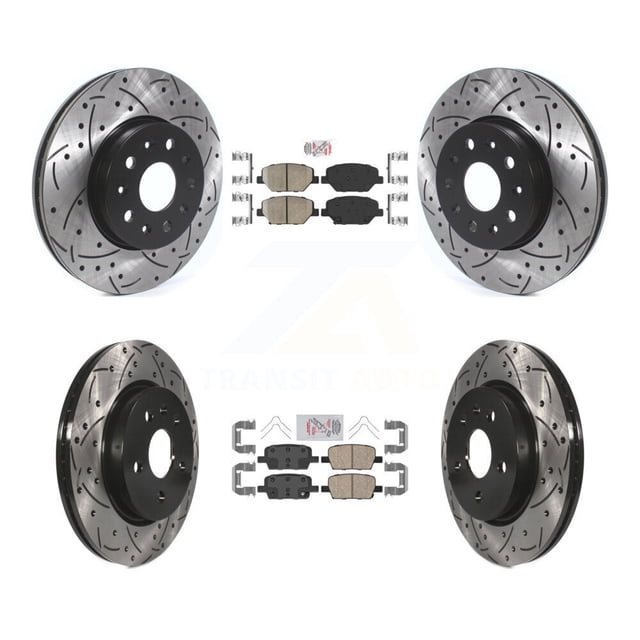 Transit Auto Front Rear Ceramic Pads and Coated Drilled Slotted Disc Brake Rotors Kit for Car Chevrolet Camaro Without Brembo Calipers KDA-100693