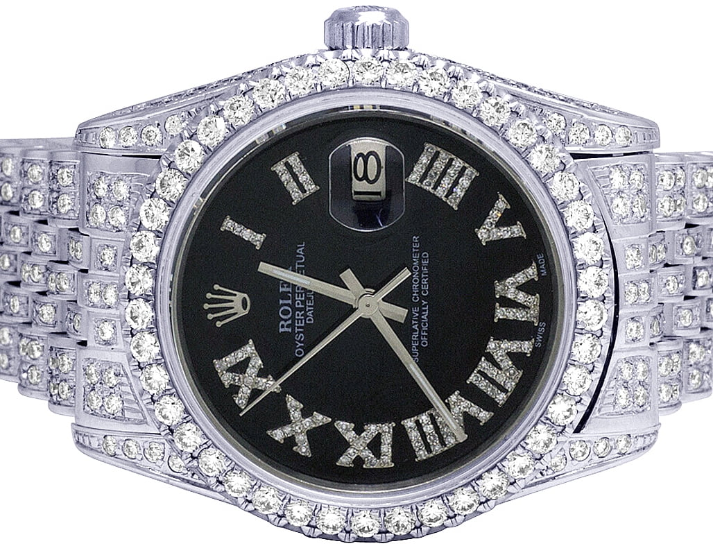 Rolex 36MM S.Steel Black Dial Iced Out Diamond Watch 13.5 -
