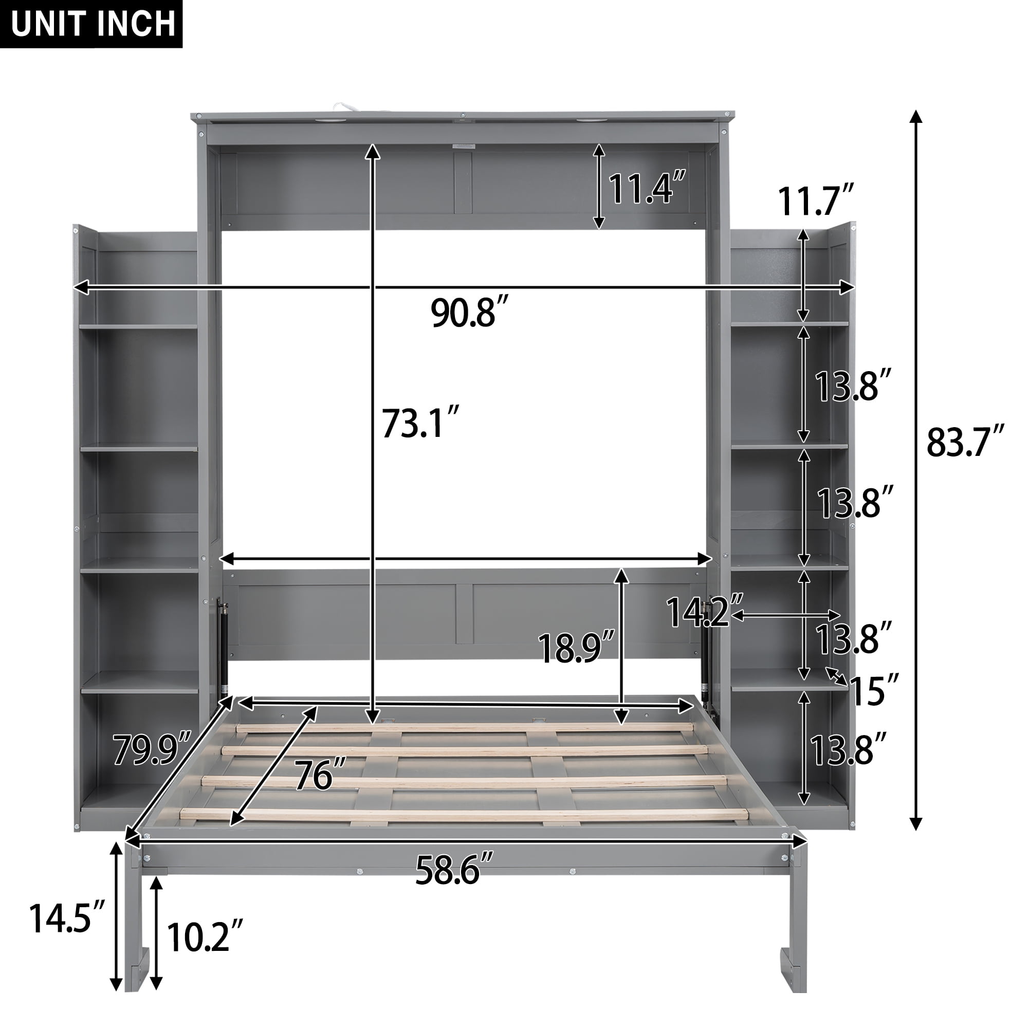 Noble House Full Size Murphy Bed Wall Bed with Shelves and LED Lights,Gray