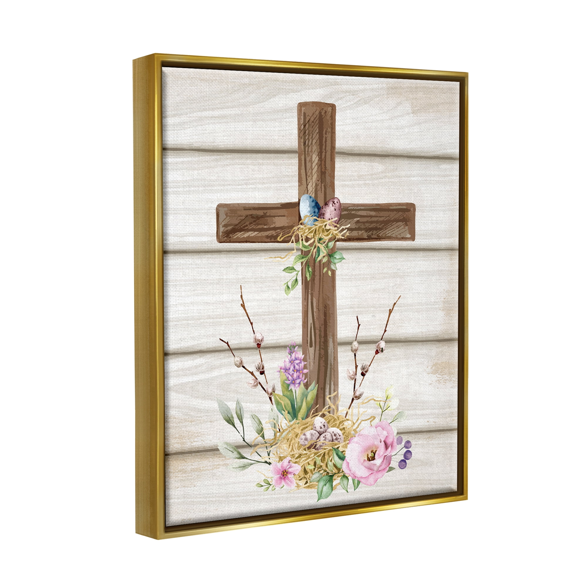 Stupell Spiritual Easter Cross Spring Blossoms Holiday Painting Gold Floater Framed Art Print Wall Art