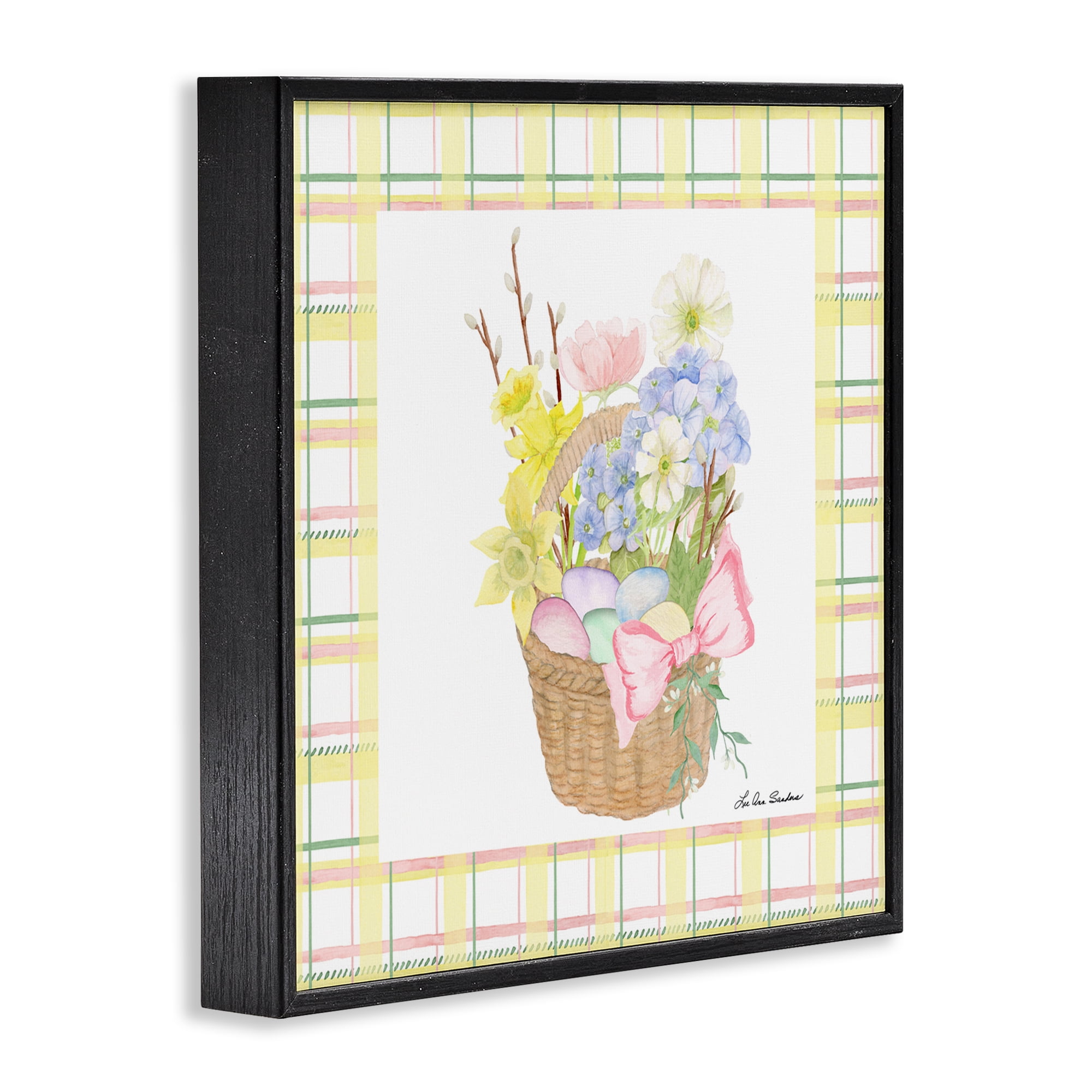 Spring Basket on Plaid Black Framed Giclee Art, design by Lee Ann Sanders