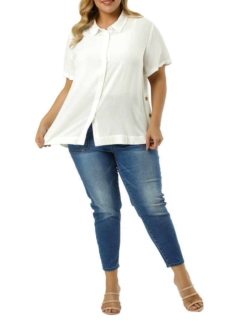 Unique Bargains Women's Plus Size Turndown Collar Short