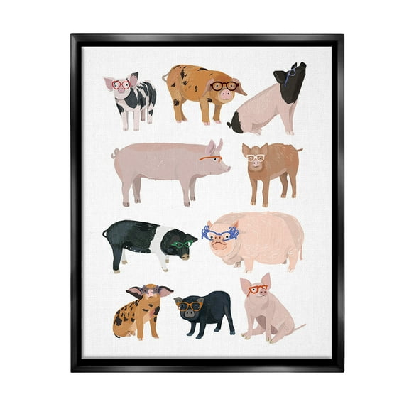 Stupell Industries Hipster Pigs in Glasses Animals & Insects Painting Black Floater Framed Canvas Art Print Wall Art, 17 x 21