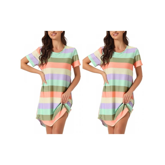 NOMADIC NOOK Women's Mother's Day 2 Pack Colorful Striped T-Shirt Sleepshirt Short-Sleeve Nightgown X-Small 2 Packs Deep Color