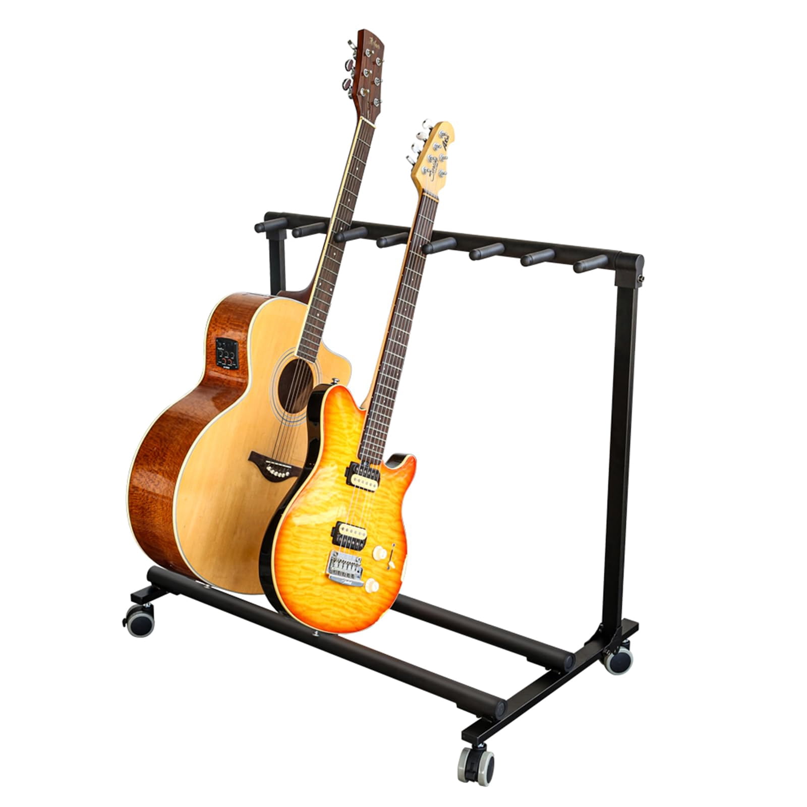 Multi Guitar Stand Rack with Wheels 7 Holders Foldable Guitar Stand Display Rack with No-Slip Rubber Padding Storage for Band Bass Acoustic Electric