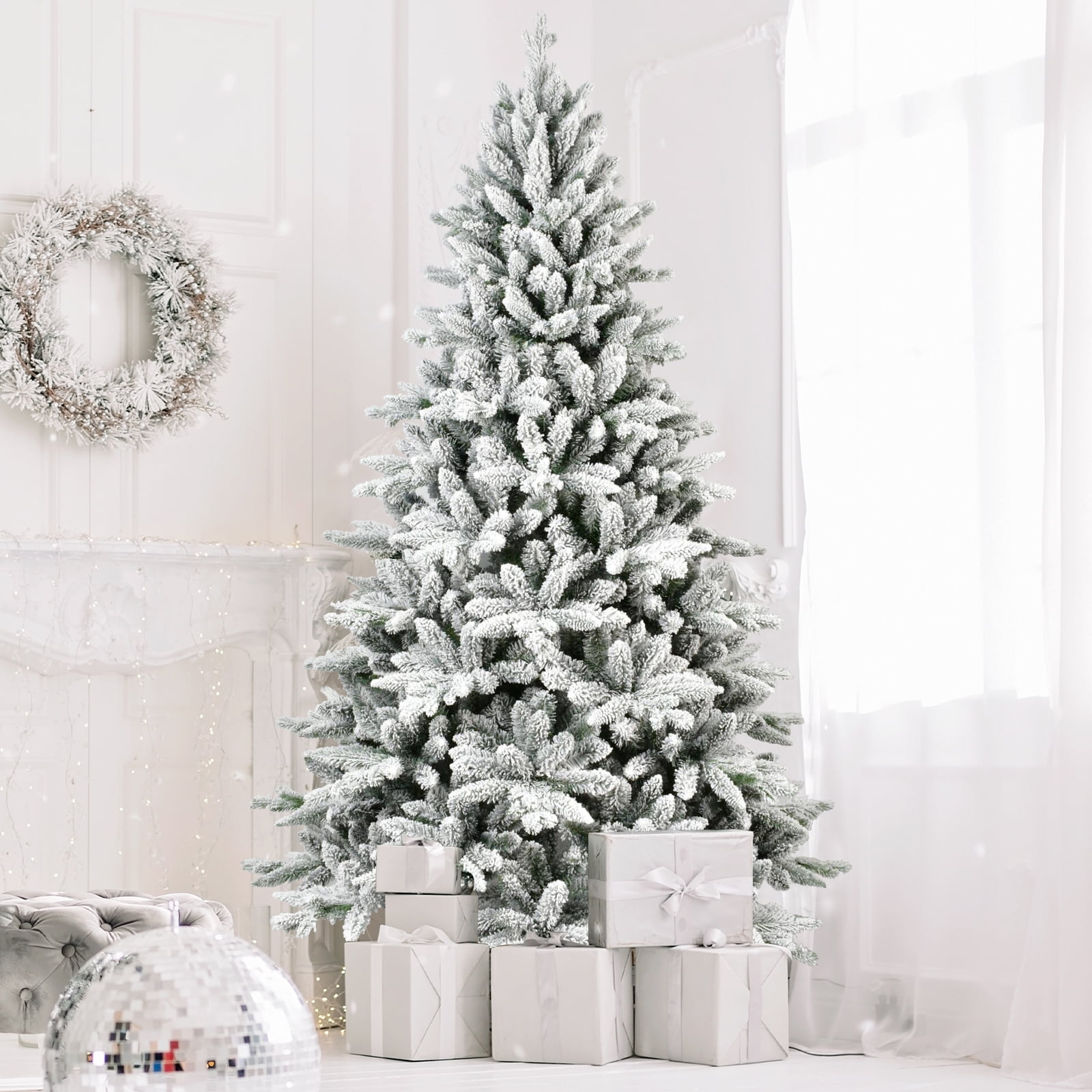 6 Ft Flocked Christmas Tree with 1100 Tips, Realistic PE+PVC Snowy Hinged Tree with Metal Stand, Full Artificial Xmas Tree for Holiday Decoration