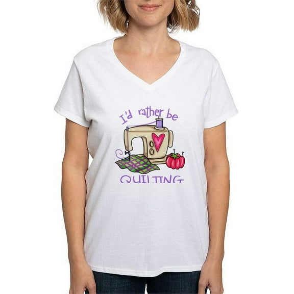 CafePress - I'd Rather Be Quilting Women's V Neck T Shirt - Womens Cotton V-Neck T-shirt