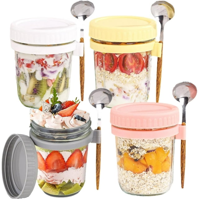 baomifa-4 Pack Overnight Oats Containers with lids and Spoons, 12 oz Reusable Mason Jars for Overnight Oats, Glass Container Food Storag, Canning Jars for Milk, Cereal, Fruit & Food Containers.