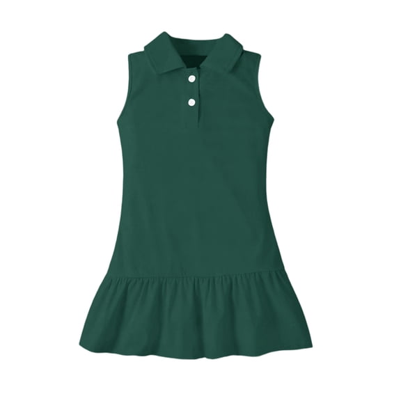 Girls Solid Color Sleeveless Polo Dress Drop Waist Ruffle Hem School Casual Dress Dark Green 110