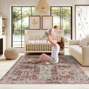 ZENELESS 5x7 Area Rugs Non Slip Washable Rust Red Rug, Foldable Low Pile Carpet for Living Room Dining Room Bedroom and Soft Accent Rug Farmhouse Office Home Decor, Pet & Child Friendly