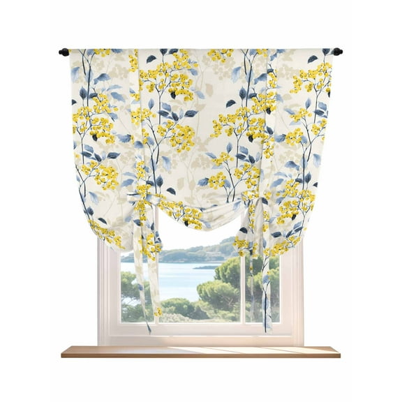 Yellow Blue Spring Floral Tie Up Curtains for Windows 45 Inch Length Balloon Curtains Kitchen Adjustable Balloon Window Shade Summer Botanical Farmhouse Tie Up Valance Bathroom Curtain Window 34"x45"