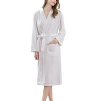 Homgro Women's Long Terry Cloth Robe Lightweight Long Sleeve Midi Kimono Maternity Robes Bath SPA Hot Tub Hotel Soft Fall Spring Pocket Knee Length Bathrobe White X-Large