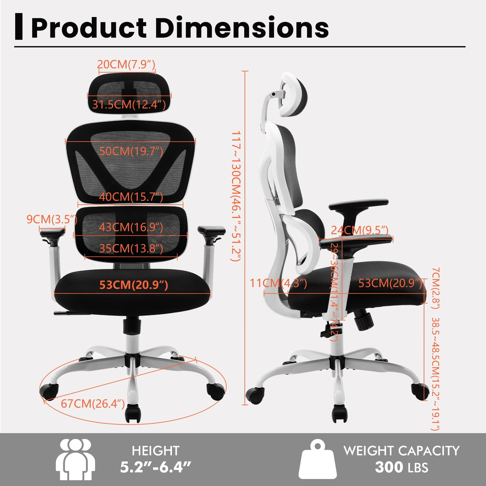 COOLHUT Ergonomic Office Chair, High Back Adjustable Computer Desk Chair with Lumbar Support, 500lb, White