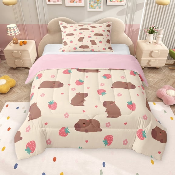 Erosebridal Cartoon Capybara Twin Comforter Sets for Kids, Kawaii Strawberry Stars Bedding Set, Pink Reversible, 1 Comforter and 1 Pillowcase