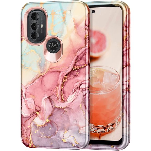 CASEFIV for Motorola Moto G Power 2022 Case,Marble Pattern Heavy Duty Shockproof Full Body Protective Phone Covers for Women Girls ,Rose Gold