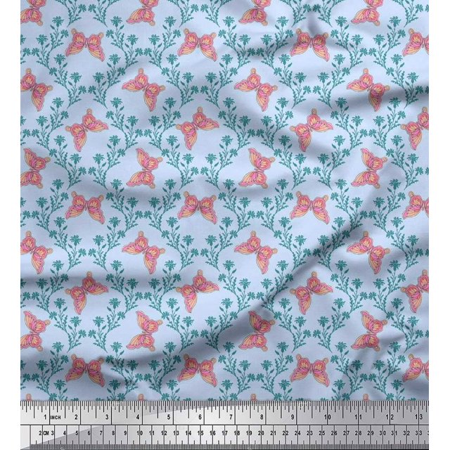 Soimoi Blue Polyester Crepe Fabric Flower & Butterfly Print Fabric by The Yard 52 Inch Wide