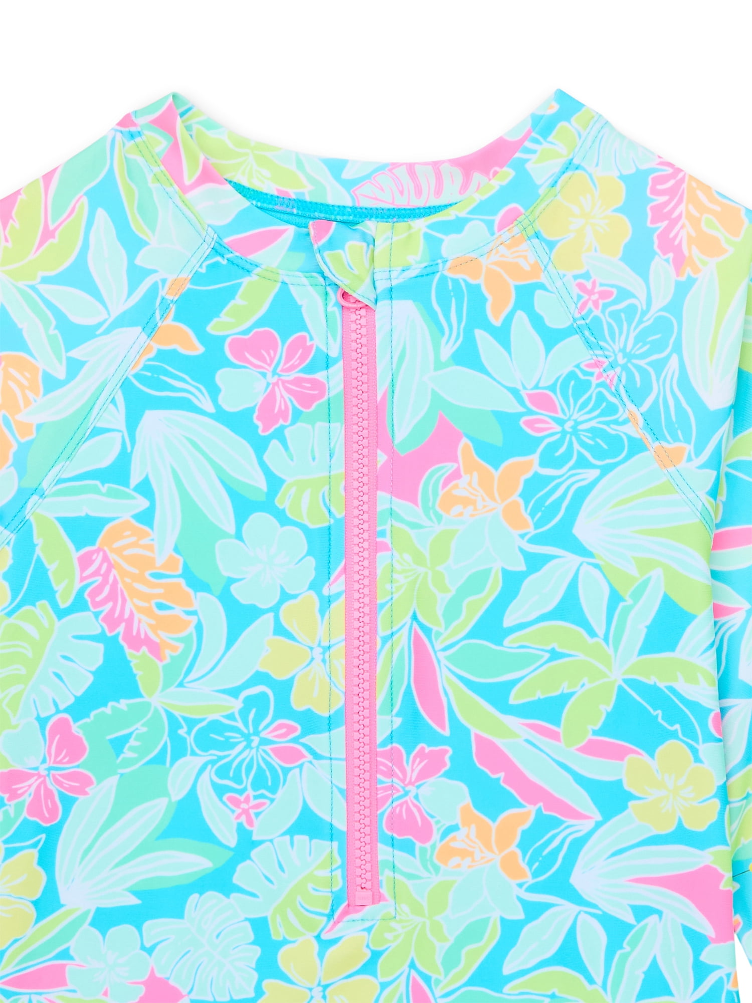 Wonder Nation Girls Printed Zip Rash Guard One-Piece Swimsuit with UPF50+, Sizes 4-18 & Plus