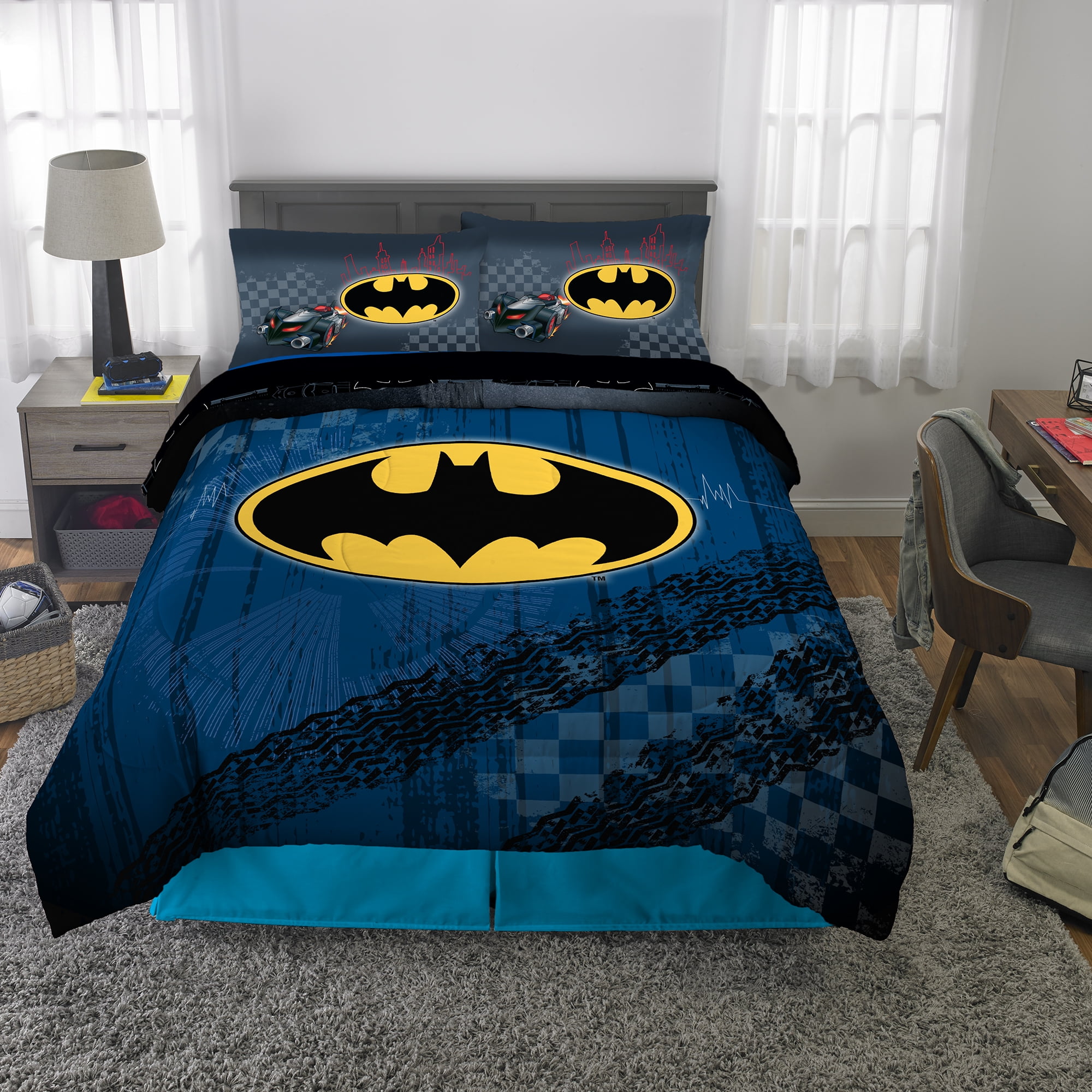 Batman Kids Twin Bed in a Bag, Comforter and Sheets, Gray, Warner Bros -  