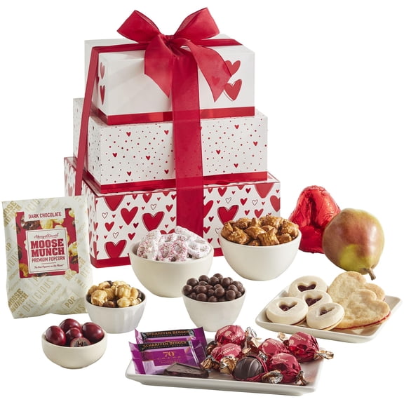 Harry & David Valentine's Day Gift Tower, Romantic Gift Set, Royal Riviera Pears, Dark Chocolate Popcorn, Truffles, Heart Cookies, Premium Candy Assortment, 2 Lb 12 Oz