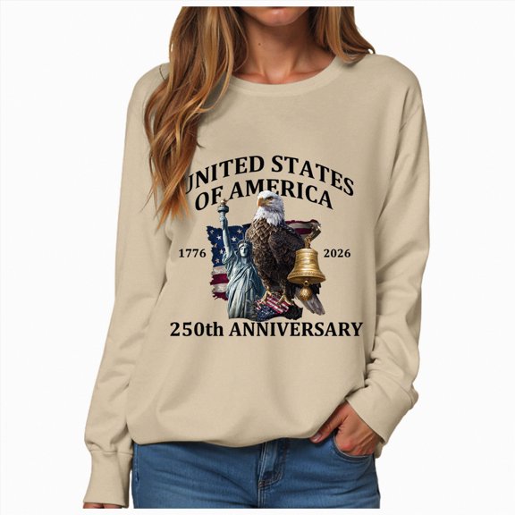 mgoYE Women Black Sweatshirt 2XL 250th Anniversary Flag Tee 4th of July Sweatshirt Women 250 Years American Anniversary Sweatshirt American Flag Stars Fireworks Graphic Tee Tops|Beige M