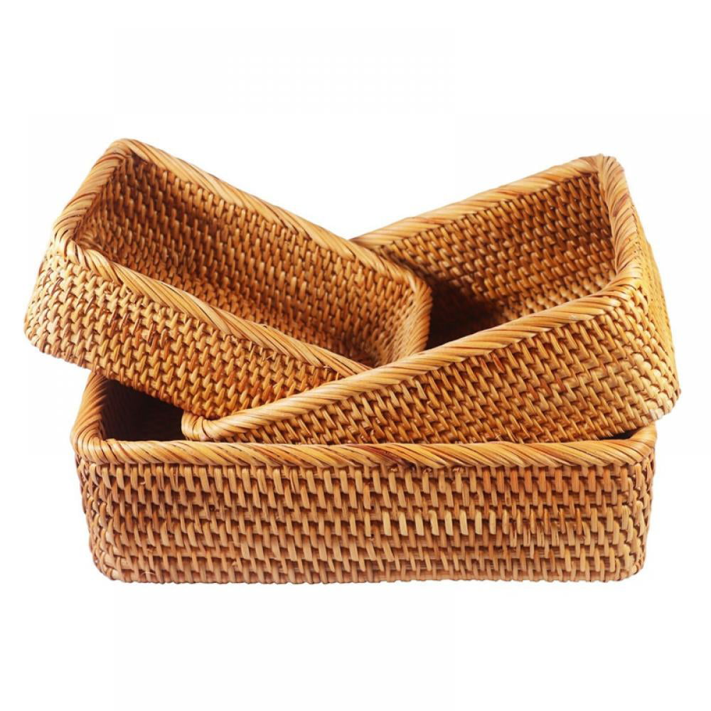 pot Hand-Woven Rattan Rectangular Service Basket with Handles Size : L Used for Book and Sundries Storage Box Desktop Storage Basket