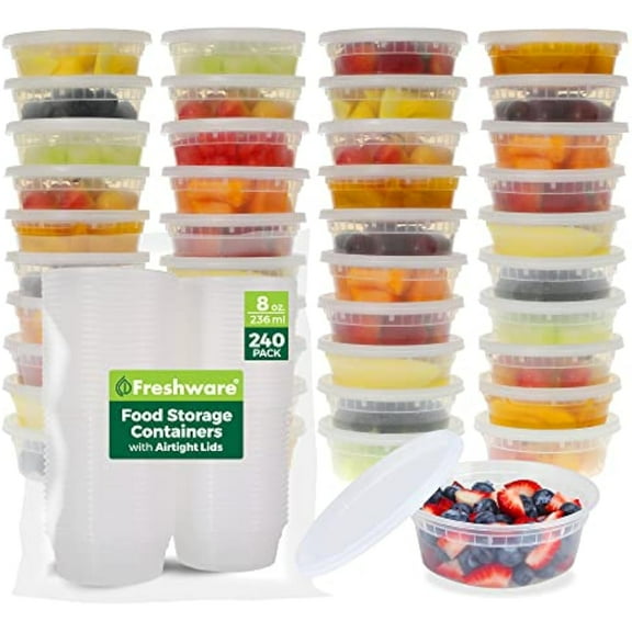8 oz Plastic Deli Containers with Lids (240 Count) - Leakproof & Stackable for Meal Prep, Slime Storage   Freezer/Microwave Safe
