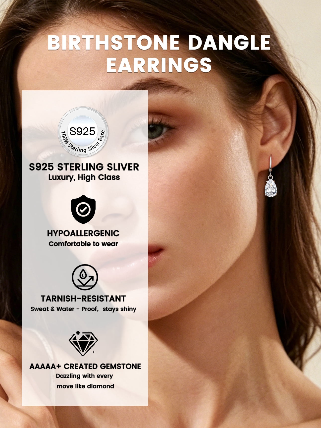 Bestyle Created Diamond Dangle Earrings Women Pure 925 Sterling Silver Hoop Earrings Birthstone Jewelry for Sensitive Ears daily Wear