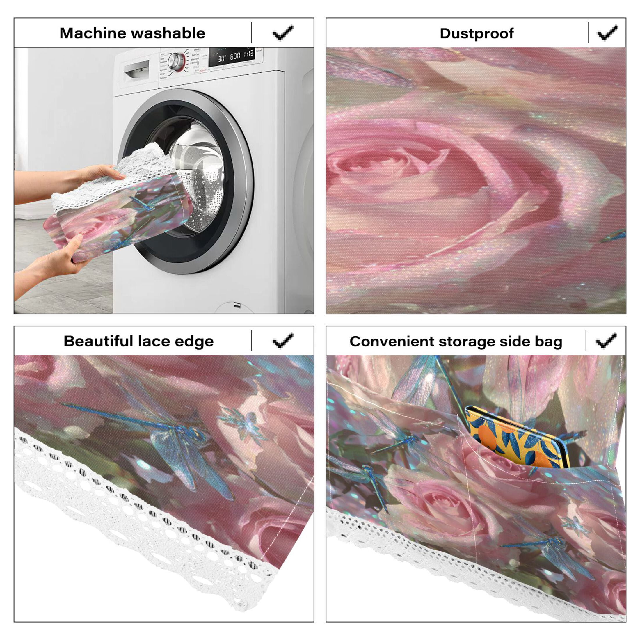 Wobogo Pink Rose Dragonfly Washing Machine Cover Dustproof Washer Dryer Cover Waterproof Laundry Room Decorative Protector