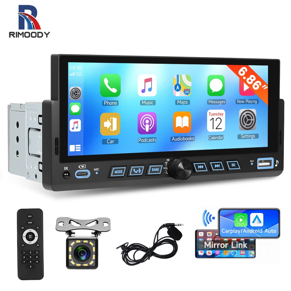 Rimoody Single Din Car Stereo Radio 6.86 Inch Touch Screen with Wireless Carplay&Android Auto , Bluetooth, Mirror Ink+Backup Camera