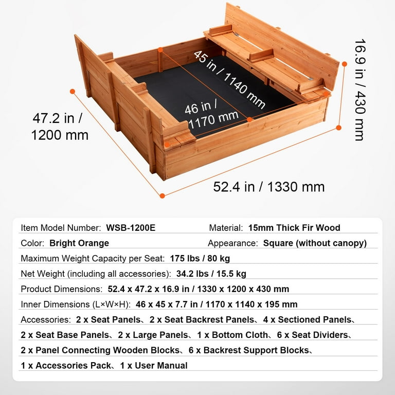 KFFKFF Wooden Sandbox, Dimensions 52.4x47.2x16.9 inches, Featuring