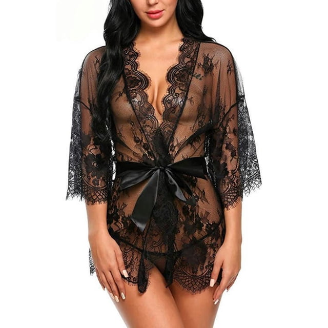 Camisón de encaje para mujer, traje con cuello en V, lencería transparente, bragas con frente abierto, ropa de dormir con cinturón