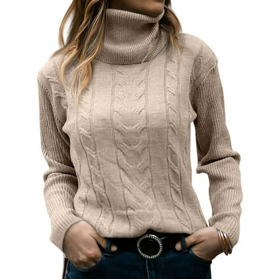 Womens' Turtle-Neck Long Sleeve Cable Knit Sweaters Apricot S