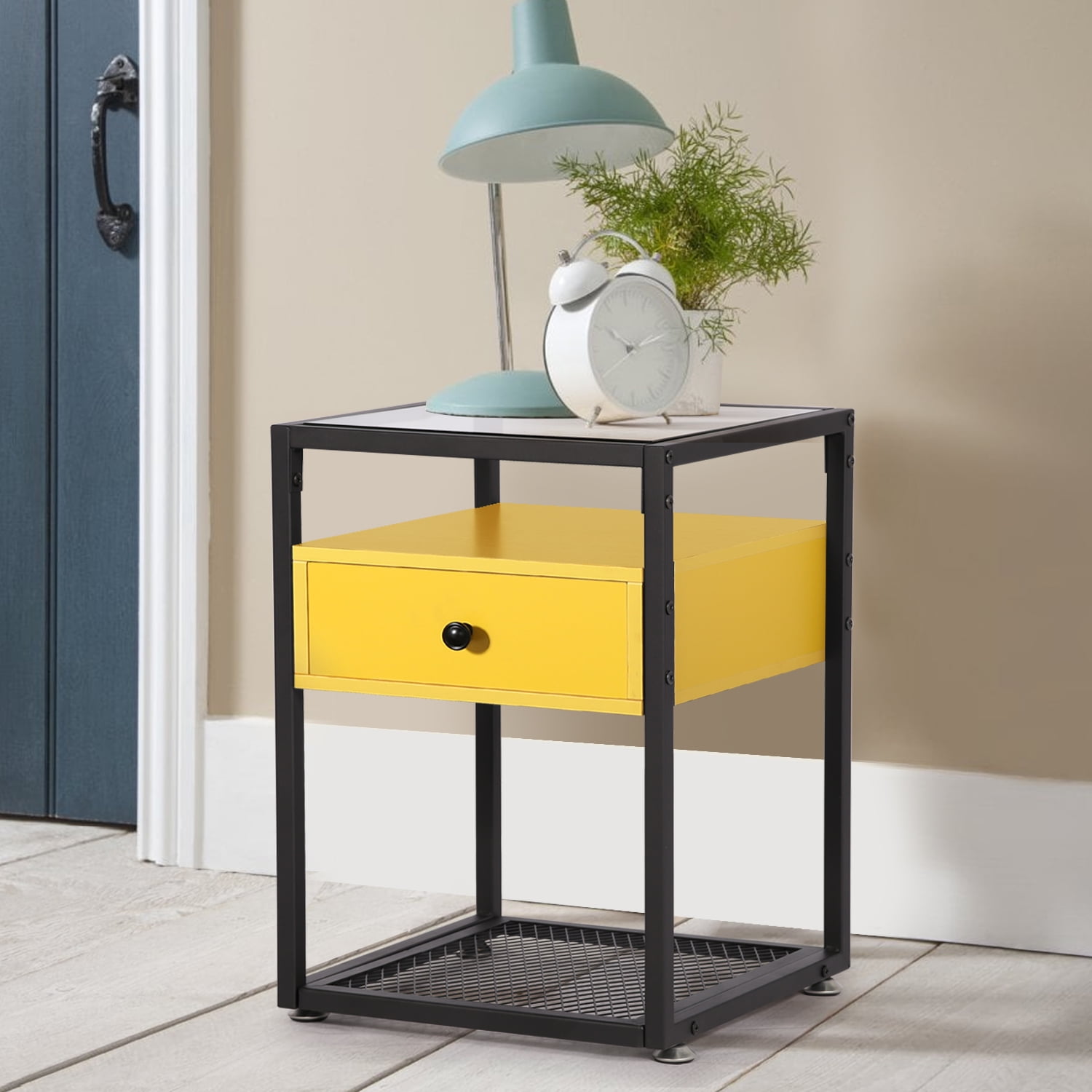VECELO Tempered Glass End Side Table with Drawer and Shelf, Yellow