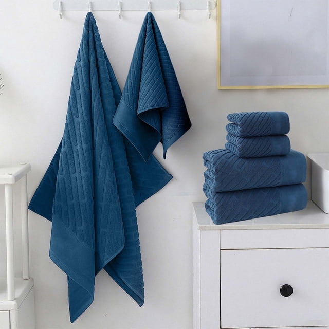 Juego de 4 toallas de baño de algodón | 2 toallas de mano y 2 toallas de baño | Suaves, absorbentes y gruesas | Azul, gris, blanco y marrón