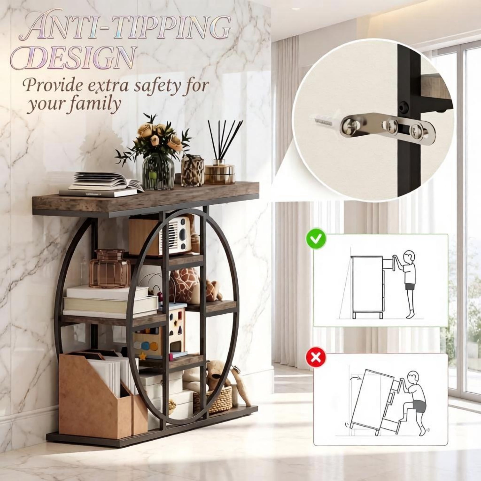 1PCS Multi-Tier Shelving Chic Console Table, Entryway Storage Display Table, Accent Sofa Table with Circular Base