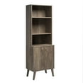 thumbnail image 2 of Prepac Milo Mid-Century Modern Tall Bookcase with Adjustable Shelves, Two Doors, and Brushed Brass-Finished Knobs, Drifted Gray, 2 of 12