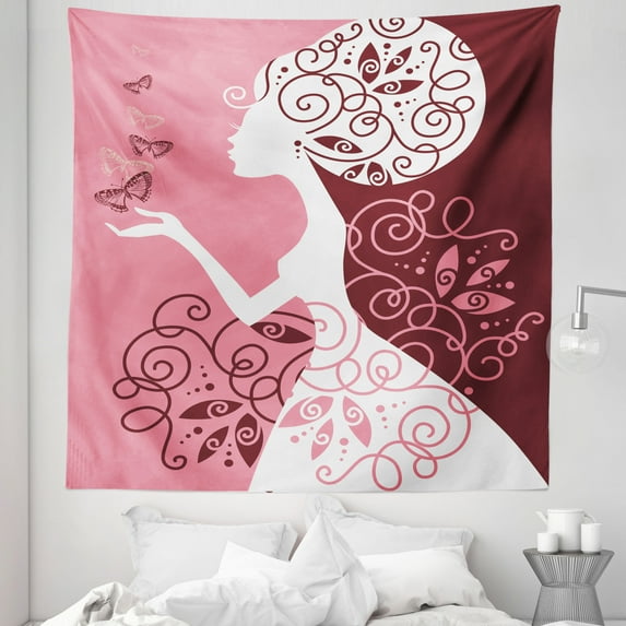 Pink Tapestry, Drawing Girl with Butterflies Floral Ornaments Swirled Branches, Fabric Wall Hanging Decor for Bedroom Living Room Dorm, 5 Sizes, Pale Pink Maroon White, by Ambesonne